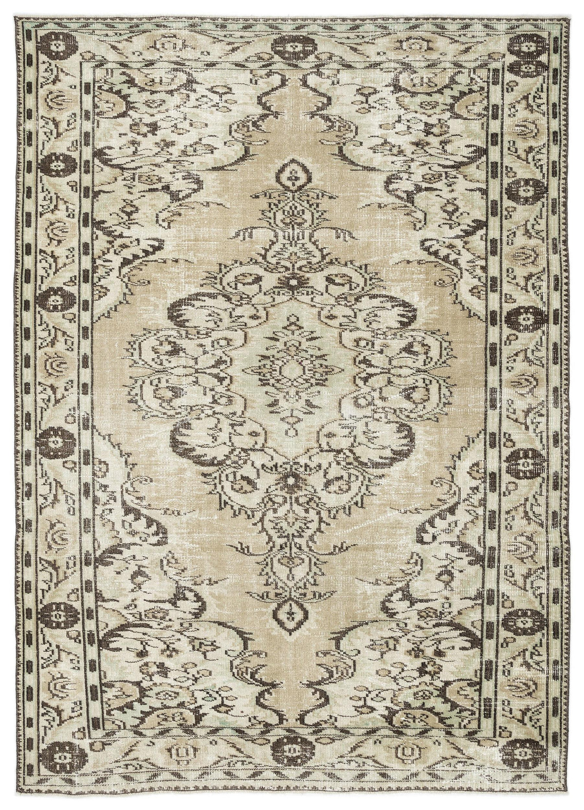 The Vaerail Vintage Medallion Rug (6'3" x 8'9") features a rectangular beige design with intricate, symmetrical floral and vine patterns in soft brown and cream, a decorative border, and a central medallion for a vintage look.