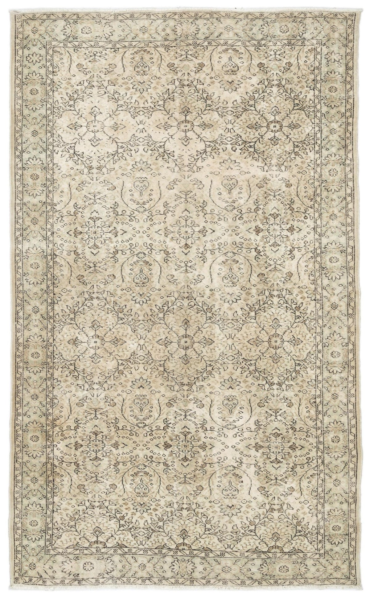 Beige and charcoal distressed area rug with a traditional floral medallion pattern and a decorative border.