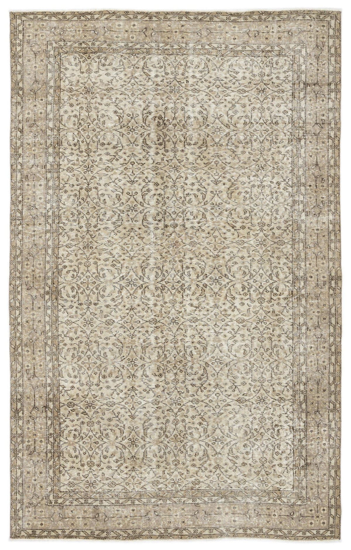 The Coaluon Vintage Floral Rug (5'8" x 9'1") features a large rectangular beige and taupe design with an intricate, symmetrical floral and vine pattern, decorative borders, and a subtly distressed antique look.