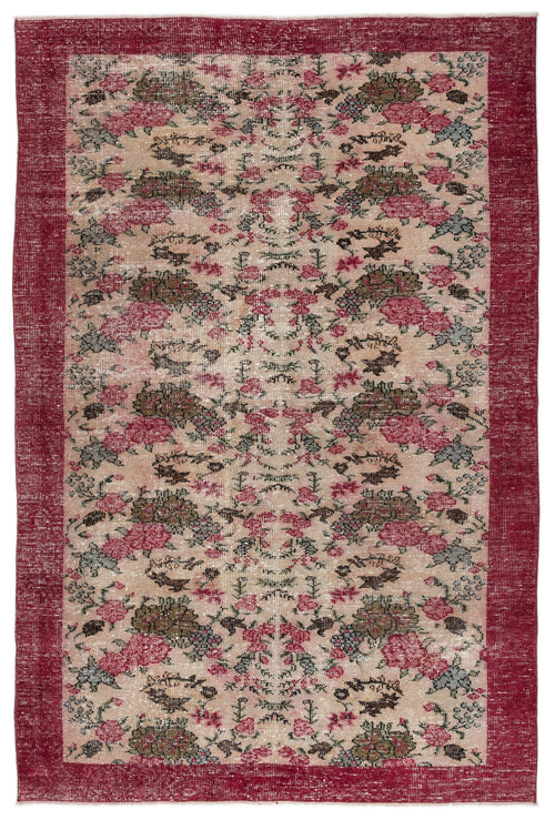 Load image 1 in gallery view. Distressed beige rug with a deep red border and a repeating floral medallion pattern in pink, olive, and grey.
