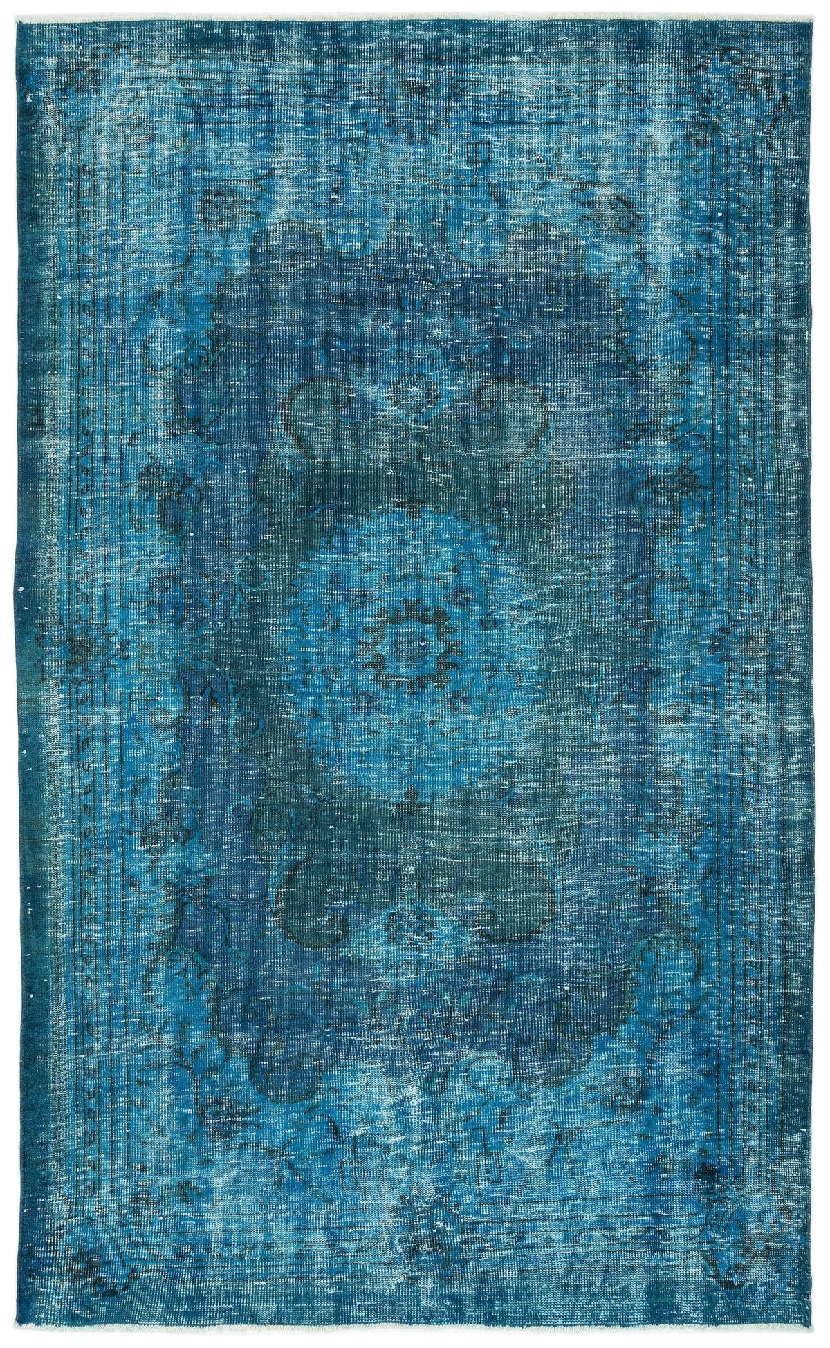 Distressed teal and navy blue rug with a traditional central medallion and faded ornate border patterns.