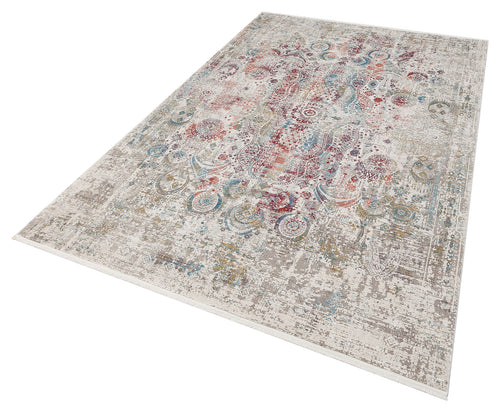 Bild 1 in Galerieansicht laden. Distressed cream rug with a multi-colored floral medallion pattern in red, blue, and gold on a white background.