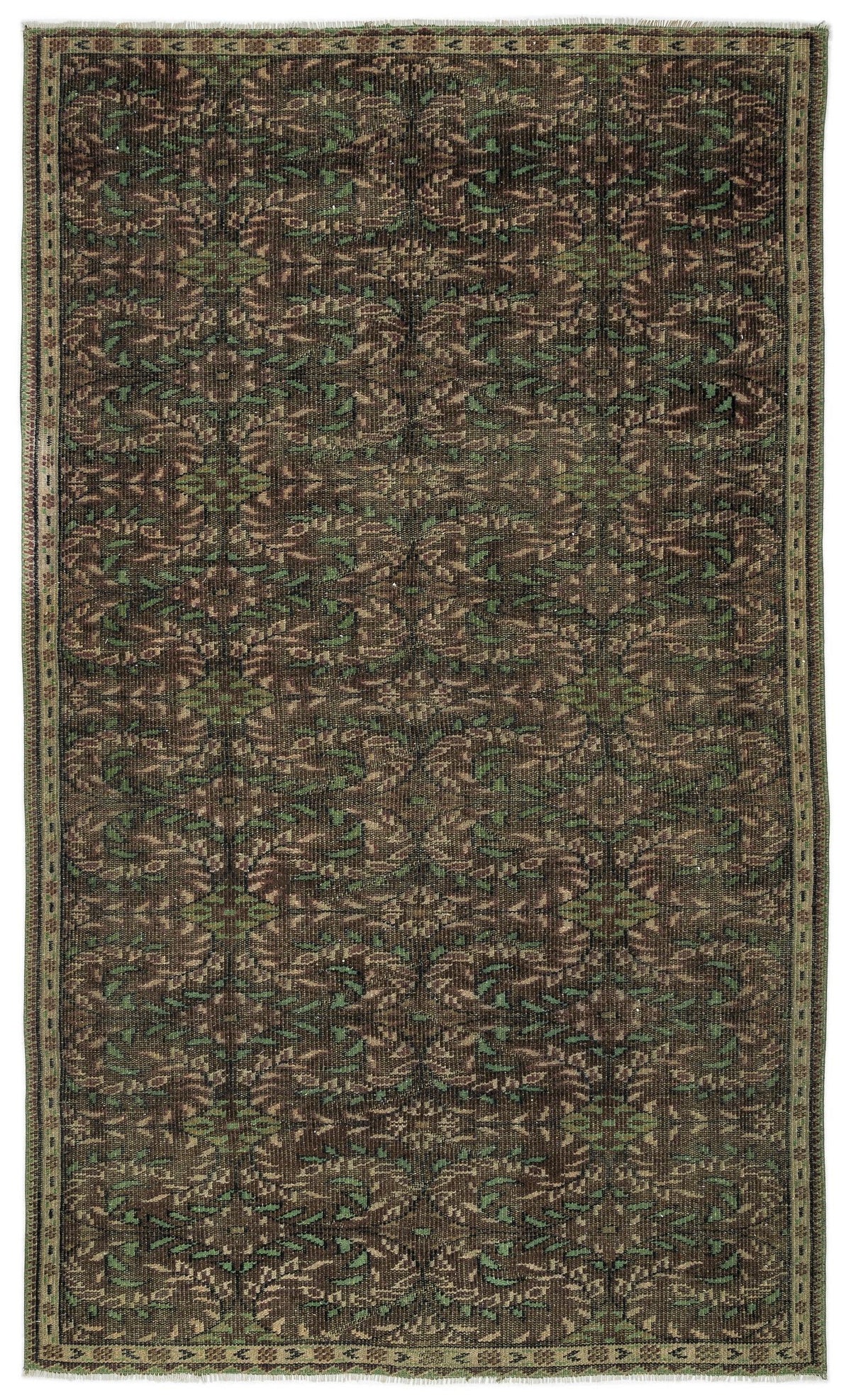 Dark brown and green traditional rug with a repeating floral medallion pattern and a decorative border.