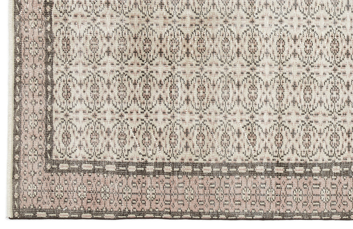 Beige and taupe rug with a repeating medallion pattern and a dark geometric border.