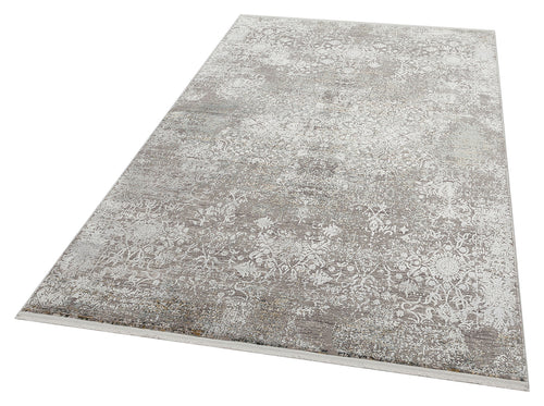 Bild 1 in Galerieansicht laden. Grey and white area rug with a distressed, traditional floral medallion pattern on a white background.