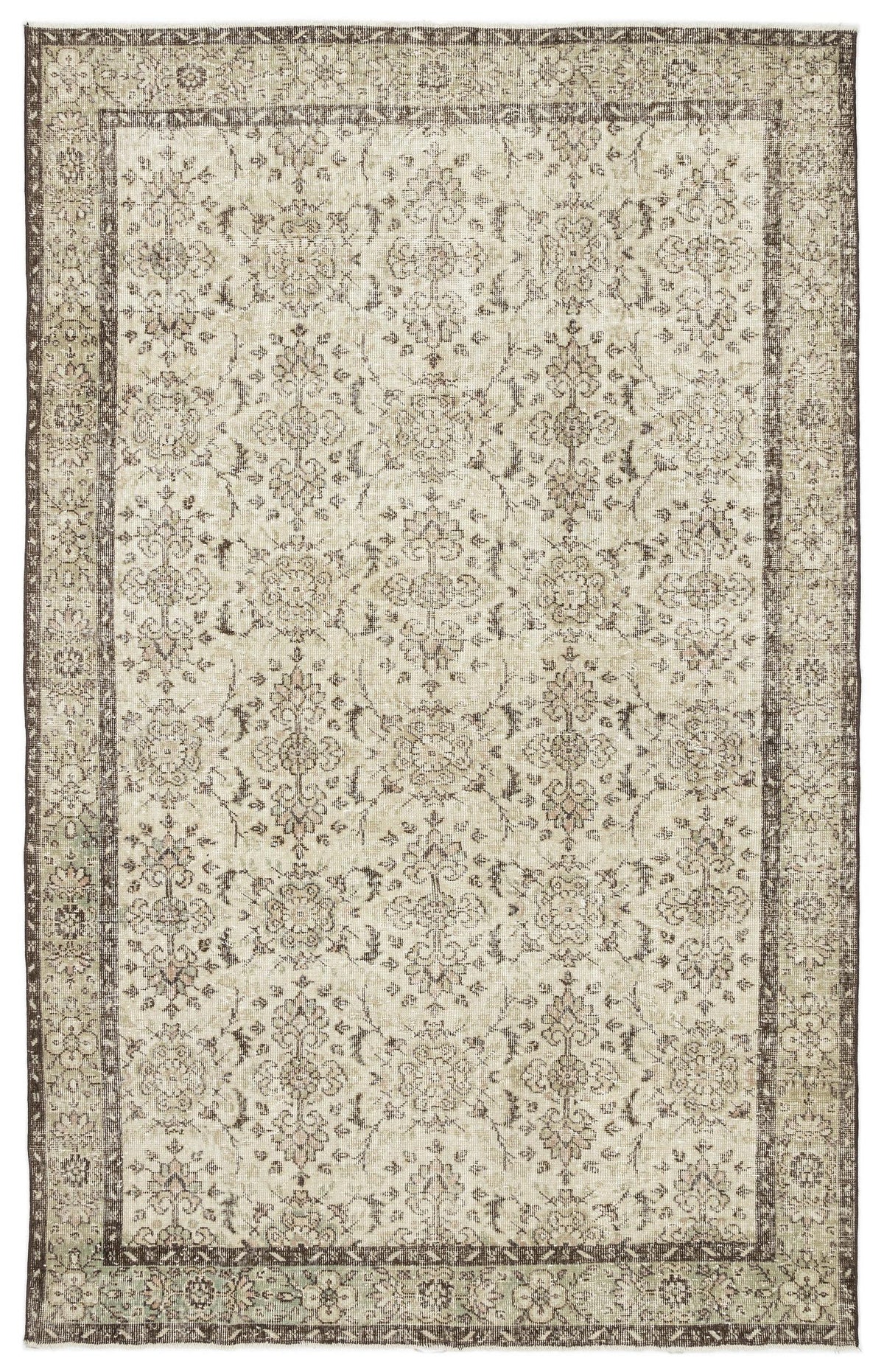The Lagata - Vintage Floral Rug (6'2 x 9'9) features an intricate, symmetrical floral and vine pattern in cream, beige, and brown with a detailed ornate border for a classic touch.