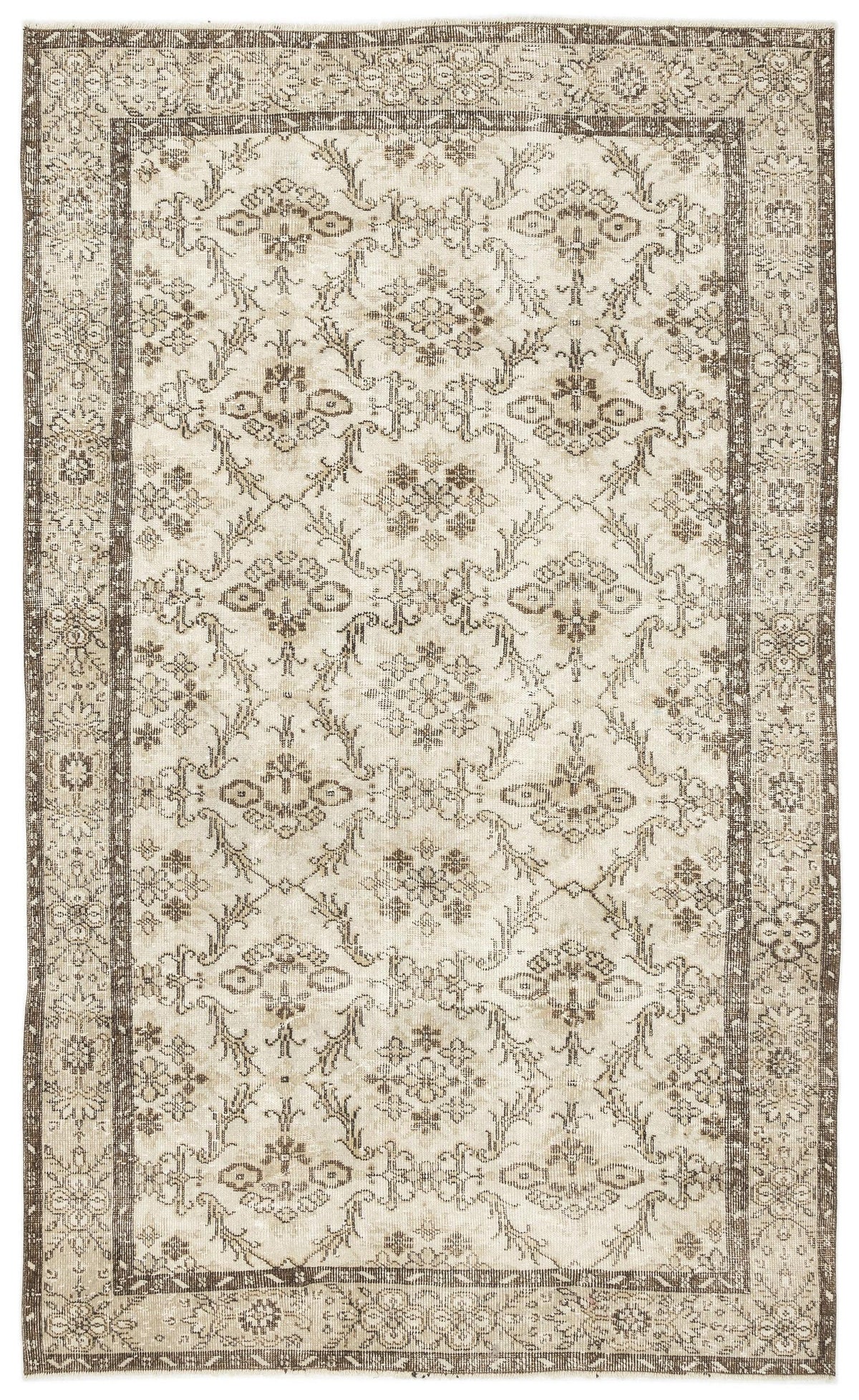 Beige and brown rug with a traditional floral medallion pattern and a decorative border on a white background.