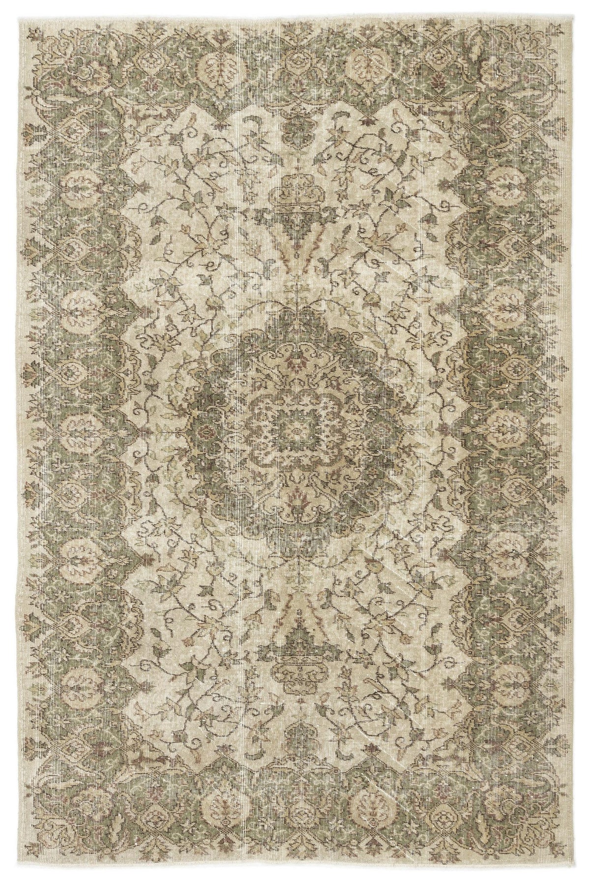 The Seudian Vintage Medallion Rug (5'9 x 8'9) features a rectangular shape with an ornate central medallion and intricate floral and vine motifs in muted beige, green, and brown tones, framed by symmetrical decorative borders.