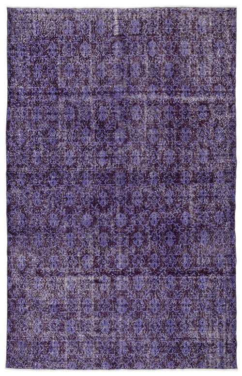 Load image 1 in gallery view. Deep purple distressed rug with a repeating traditional medallion pattern and a faded, worn texture.