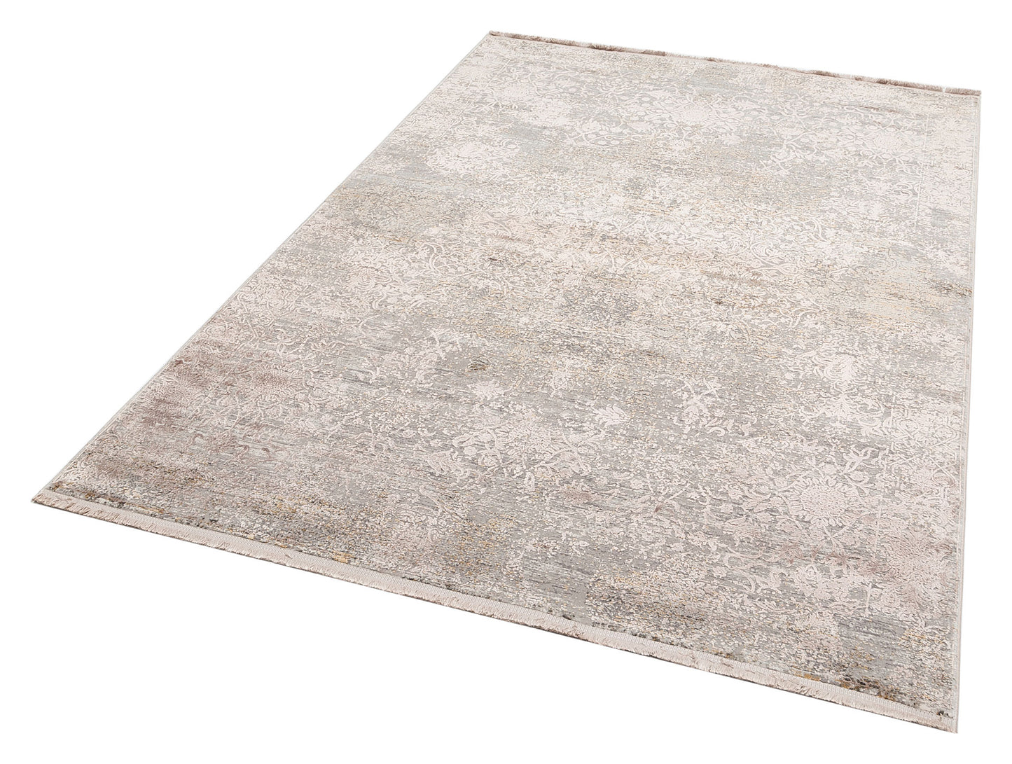 Grey and cream area rug with a distressed traditional floral pattern and fringed edges on a white background.