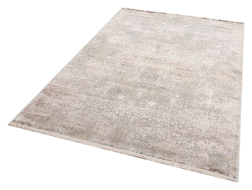 Load image 1 in gallery view. Grey and cream area rug with a distressed traditional floral pattern and fringed edges on a white background.