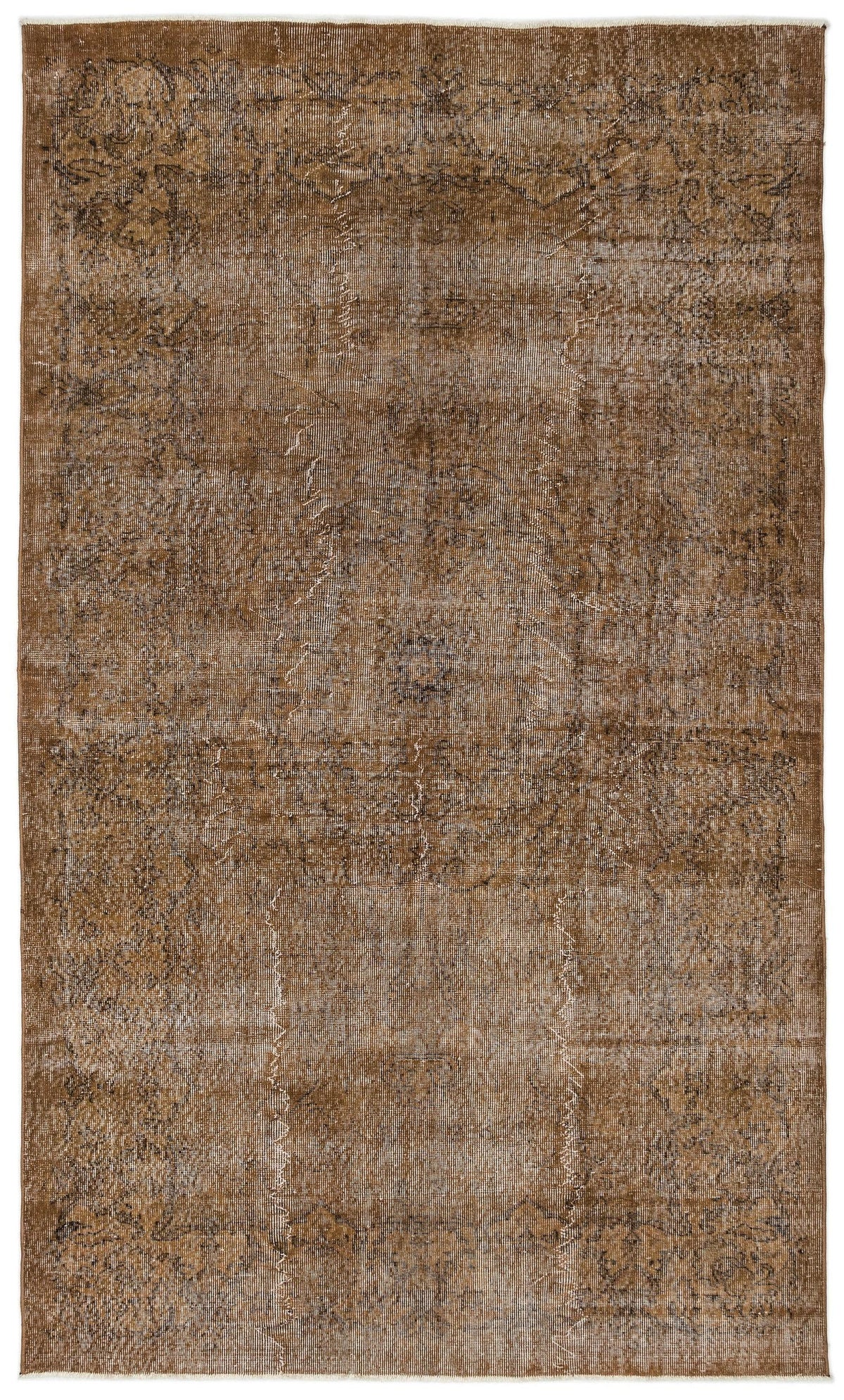Brown distressed vintage-style rug with a faint, faded traditional medallion pattern.
