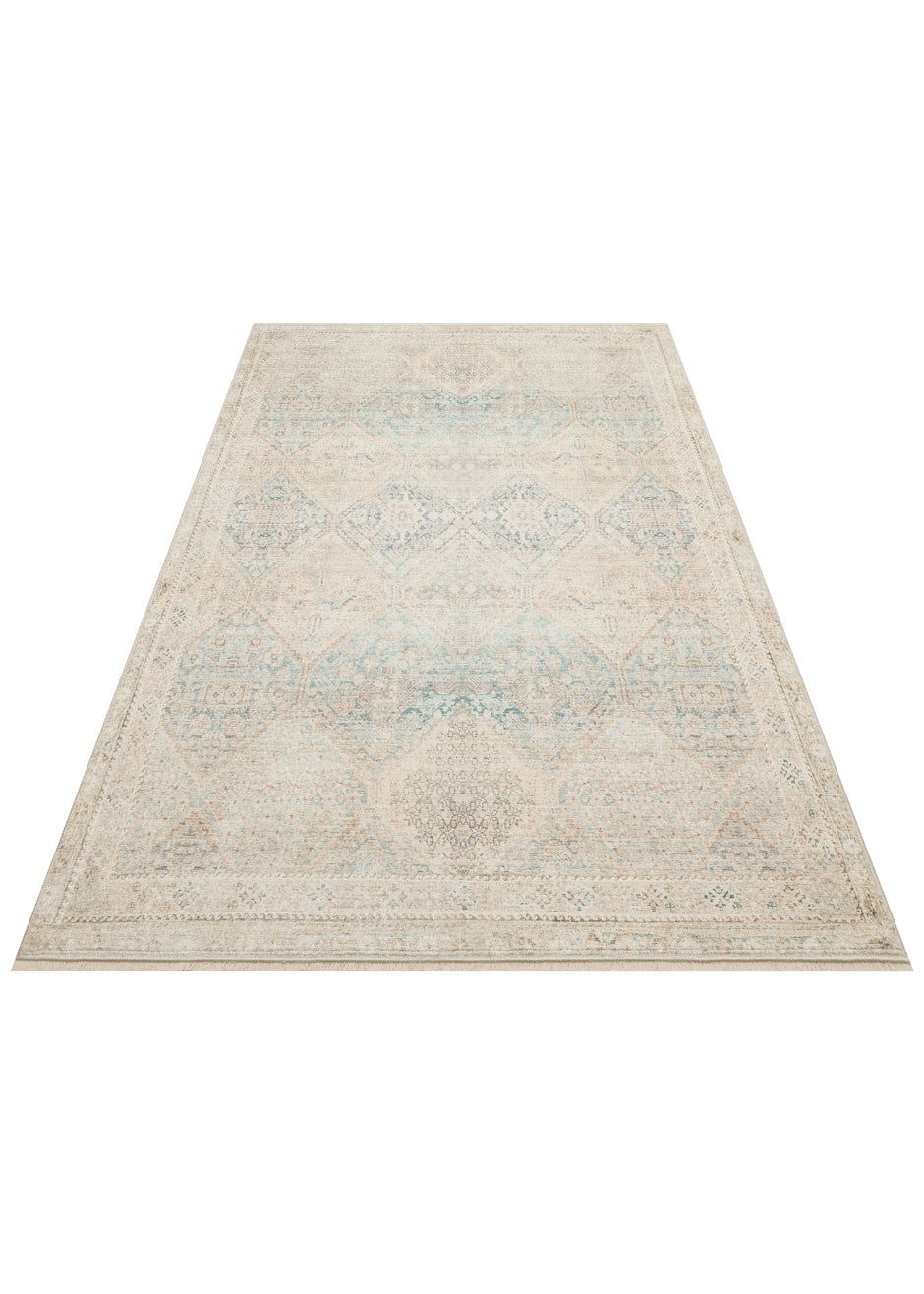 Beige and light blue area rug with a distressed traditional medallion pattern on a white background.