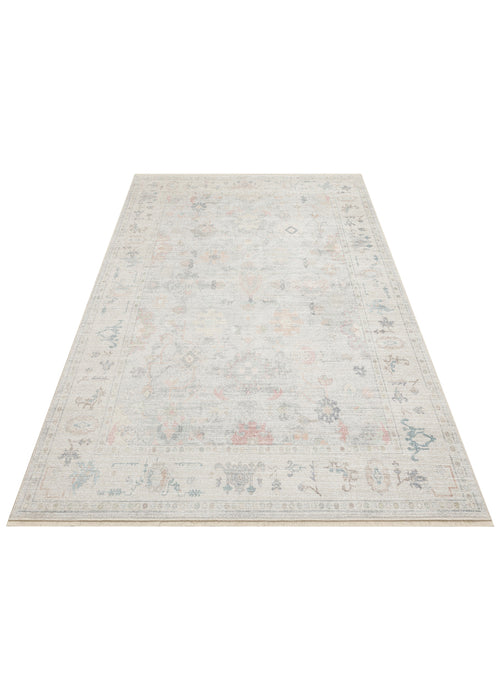 Bild 1 in Galerieansicht laden. Light gray area rug with a faded traditional floral medallion pattern in muted blue, pink, and beige tones.