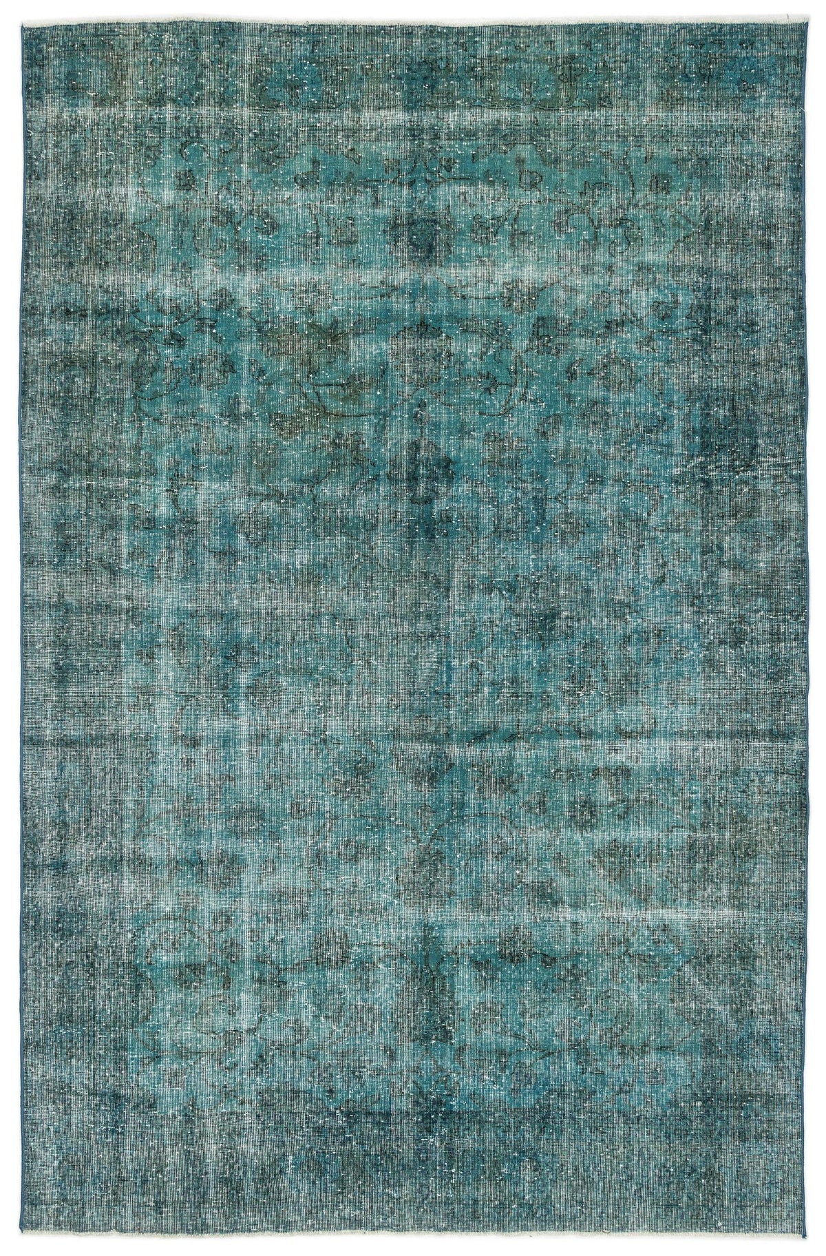 Teal and charcoal distressed vintage-style rug with a faded traditional floral medallion pattern.