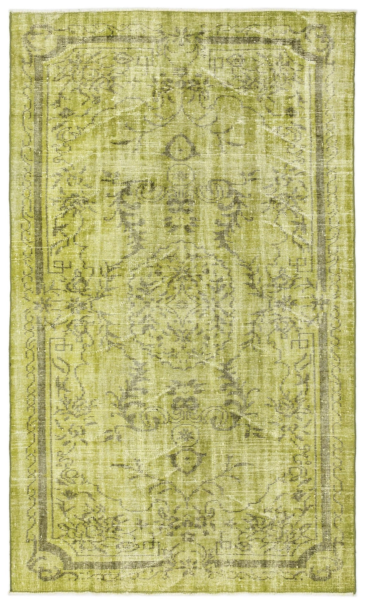 Chartreuse and olive green vintage-style rug with a distressed traditional medallion pattern.