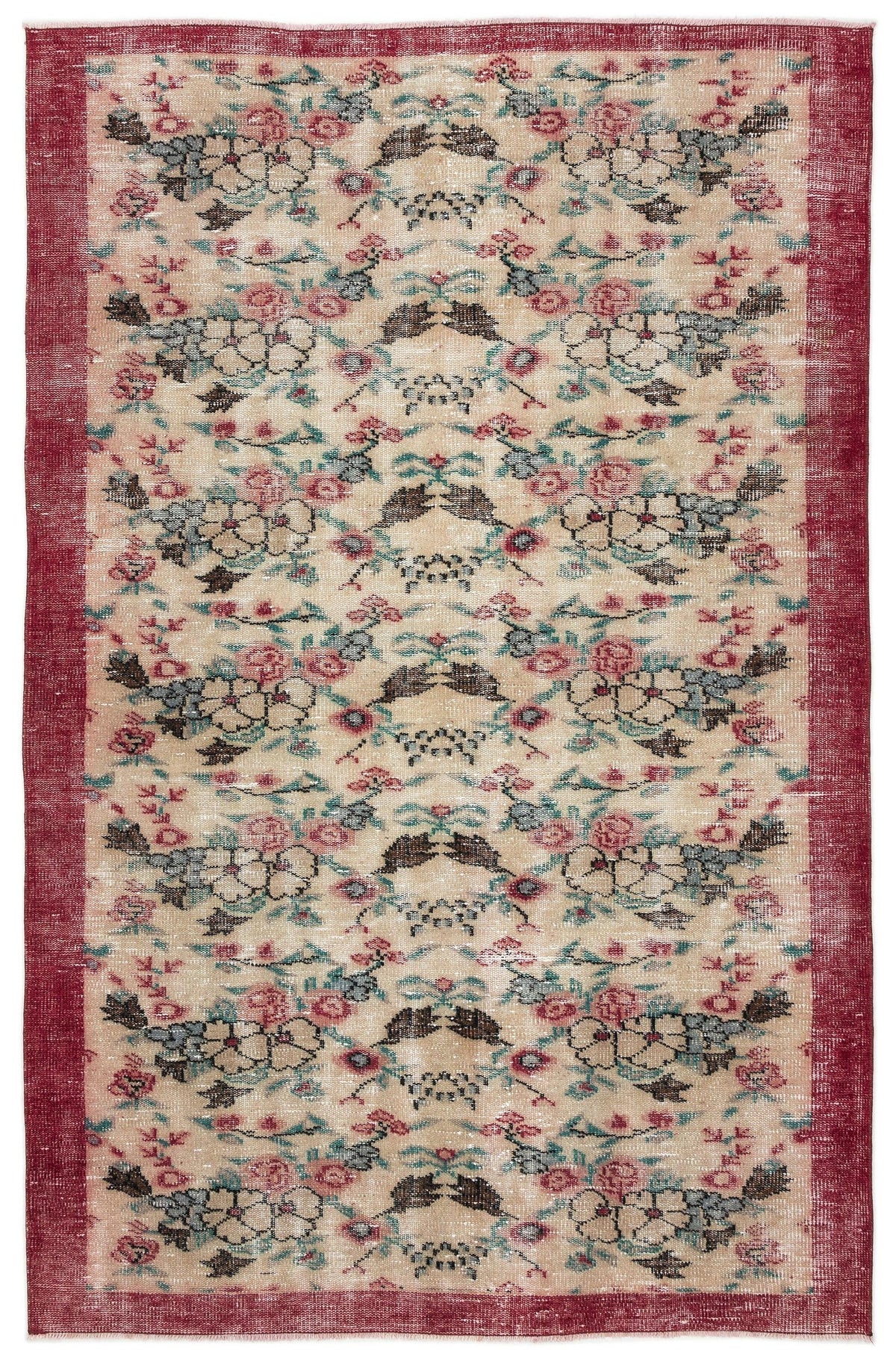 Beige vintage-style rug with a red border and a repeating floral pattern in red, teal, and dark grey.