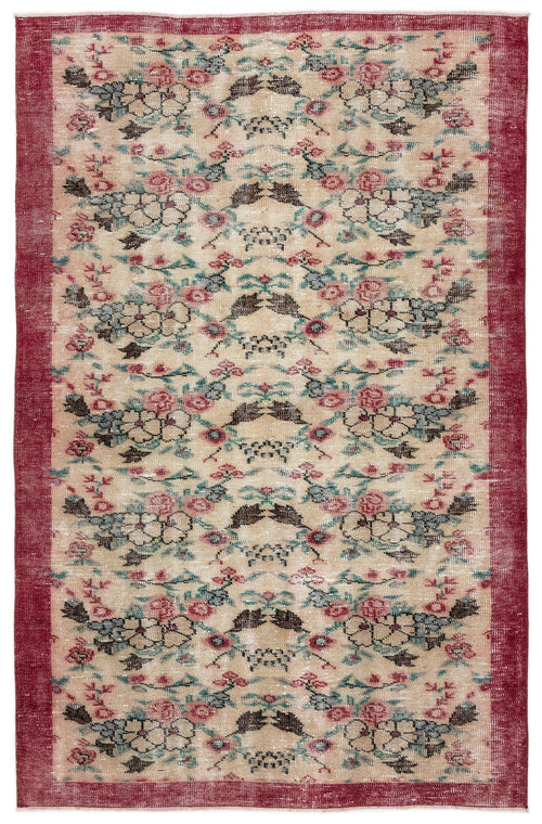 Load image 1 in gallery view. Beige vintage-style rug with a red border and a repeating floral pattern in red, teal, and dark grey.