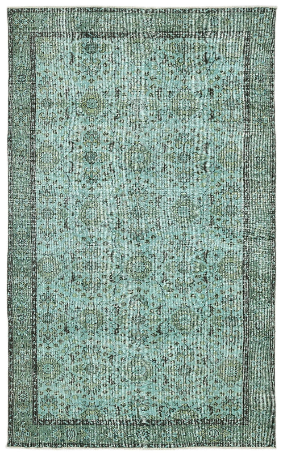 Distressed teal and charcoal area rug with a traditional floral medallion pattern and a wide decorative border.