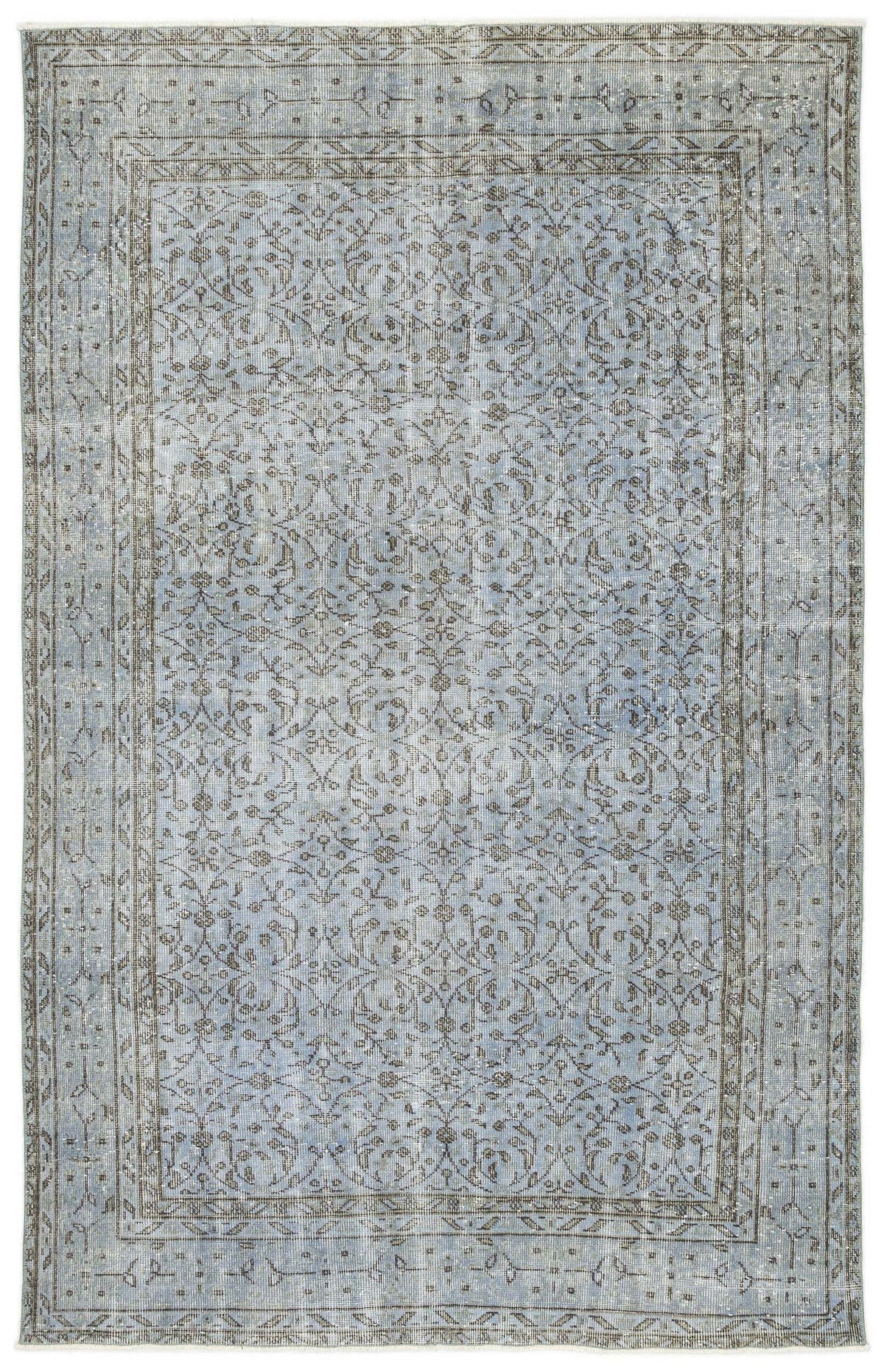 Light blue and grey distressed traditional rug with a repeating floral vine pattern and a bordered frame.