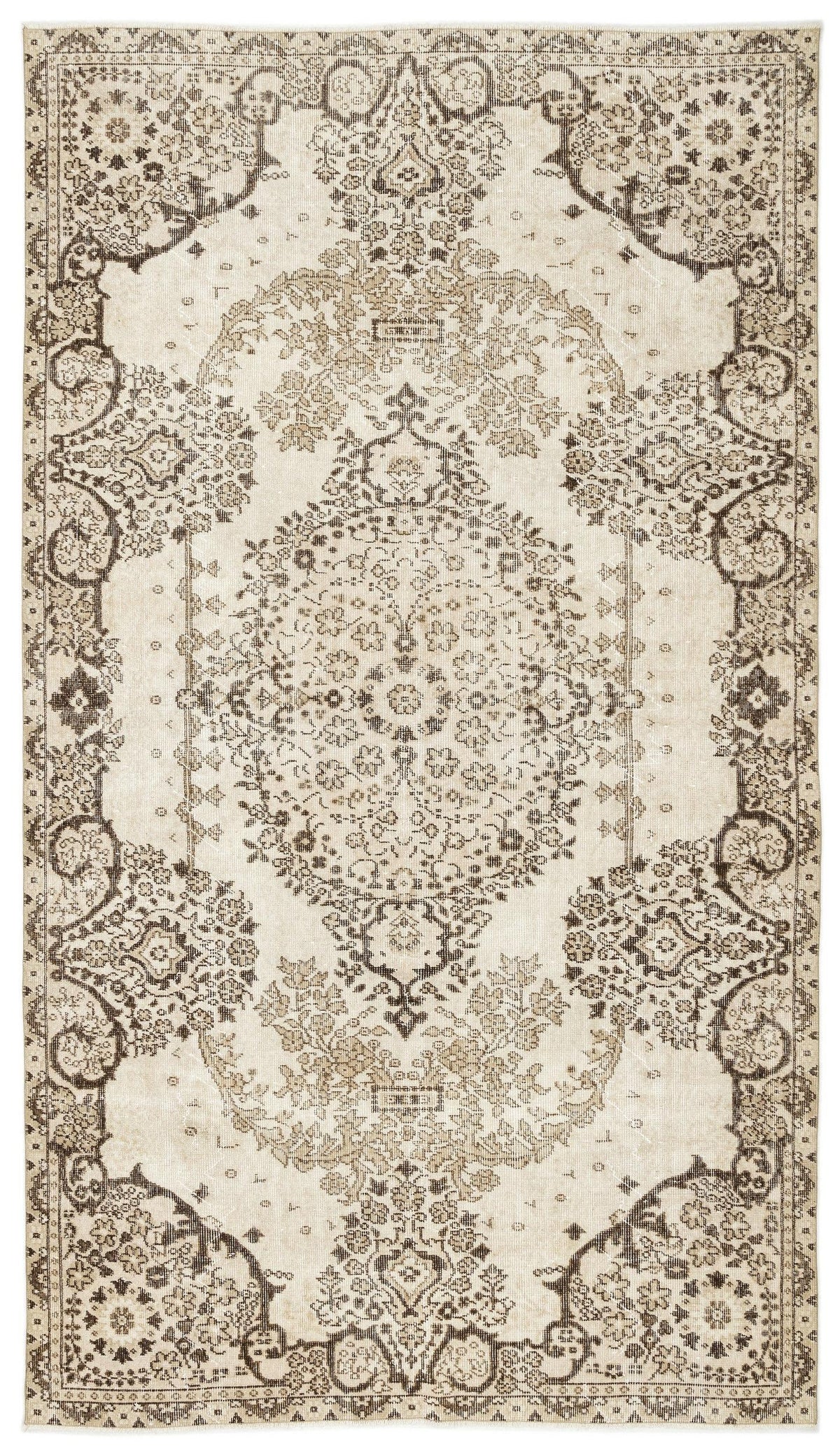 Beige and brown traditional rug with a distressed floral medallion pattern and ornate border on a white background.