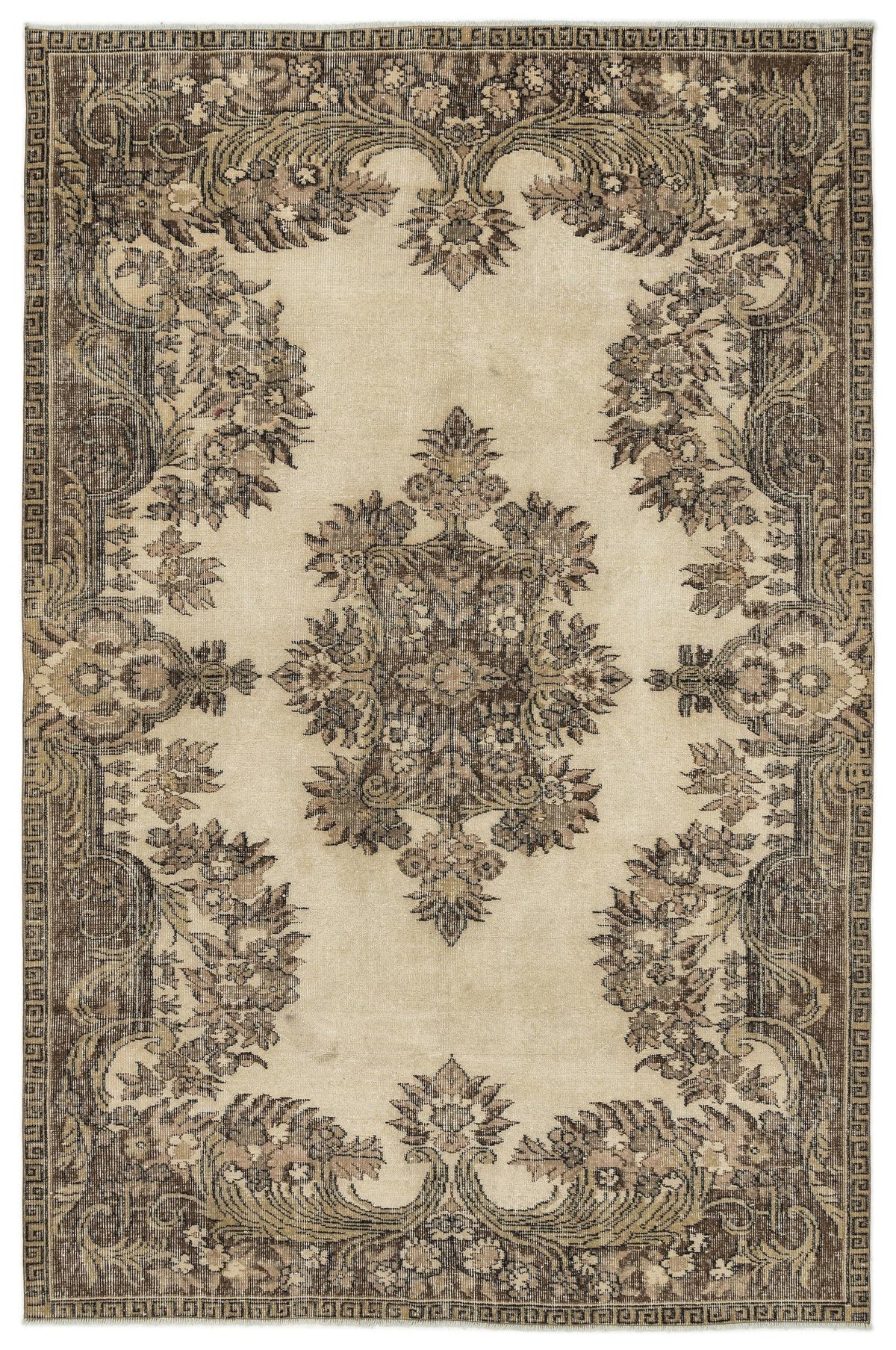 Beige and brown vintage-style rug with a central floral medallion and ornate botanical border.