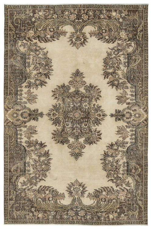 Load image 1 in gallery view. Beige and brown vintage-style rug with a central floral medallion and ornate botanical border.