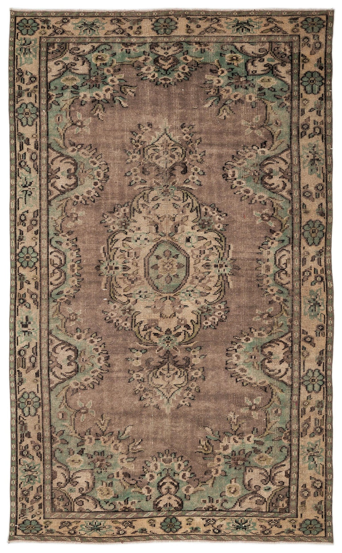 Distressed brown and sage green traditional rug with a central floral medallion and ornate border.