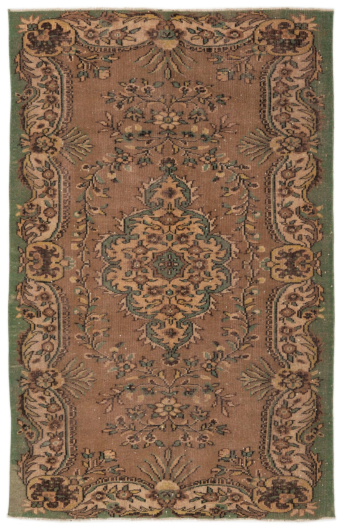 Brown and green vintage-style rug with a central floral medallion and ornate botanical border.