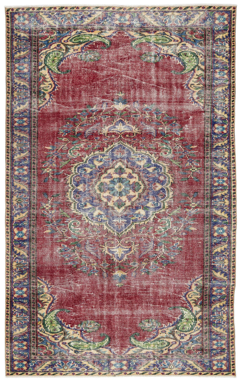 Load image 1 in gallery view. Distressed red traditional rug with a central blue and cream floral medallion and ornate border on a white background.