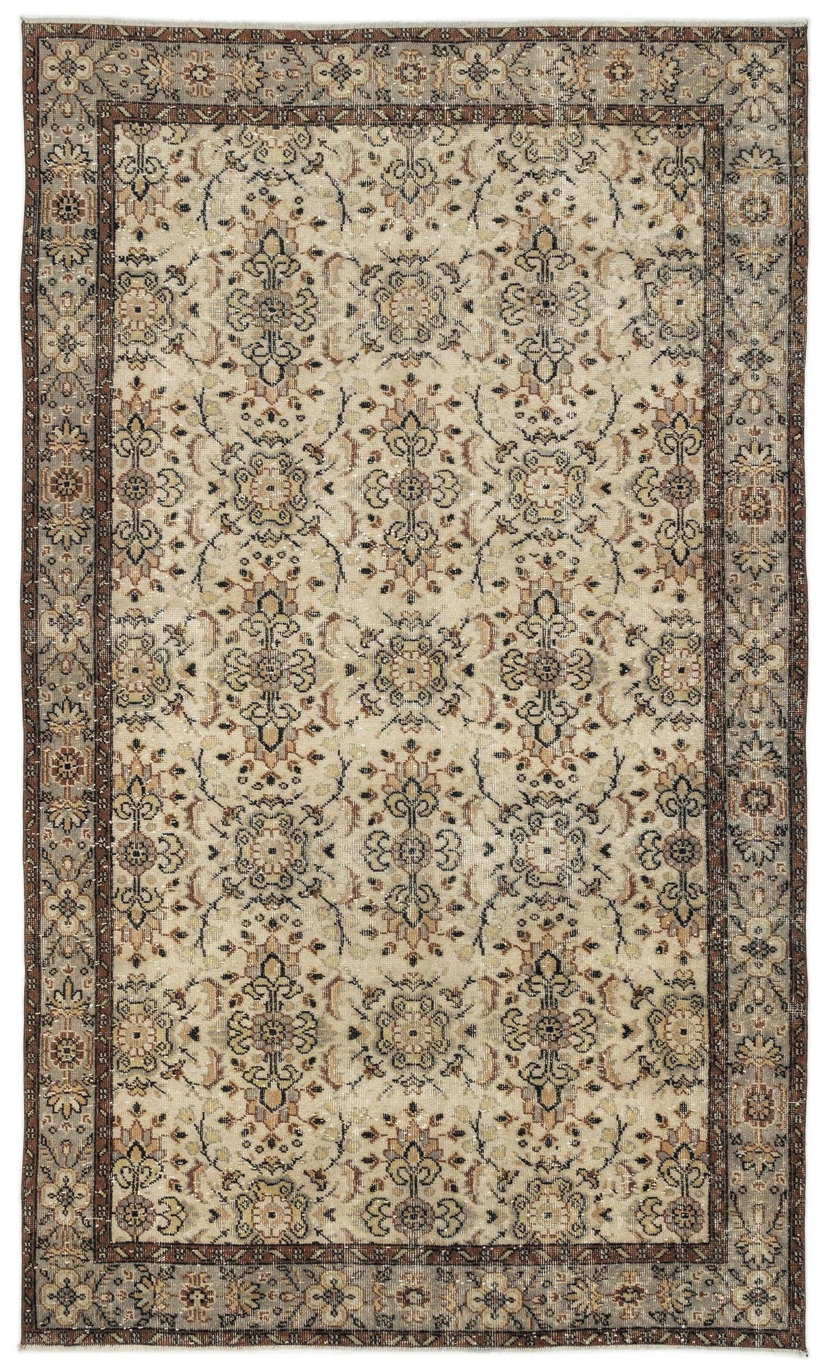 Beige and brown traditional rug with a repeating floral medallion pattern and a decorative border.