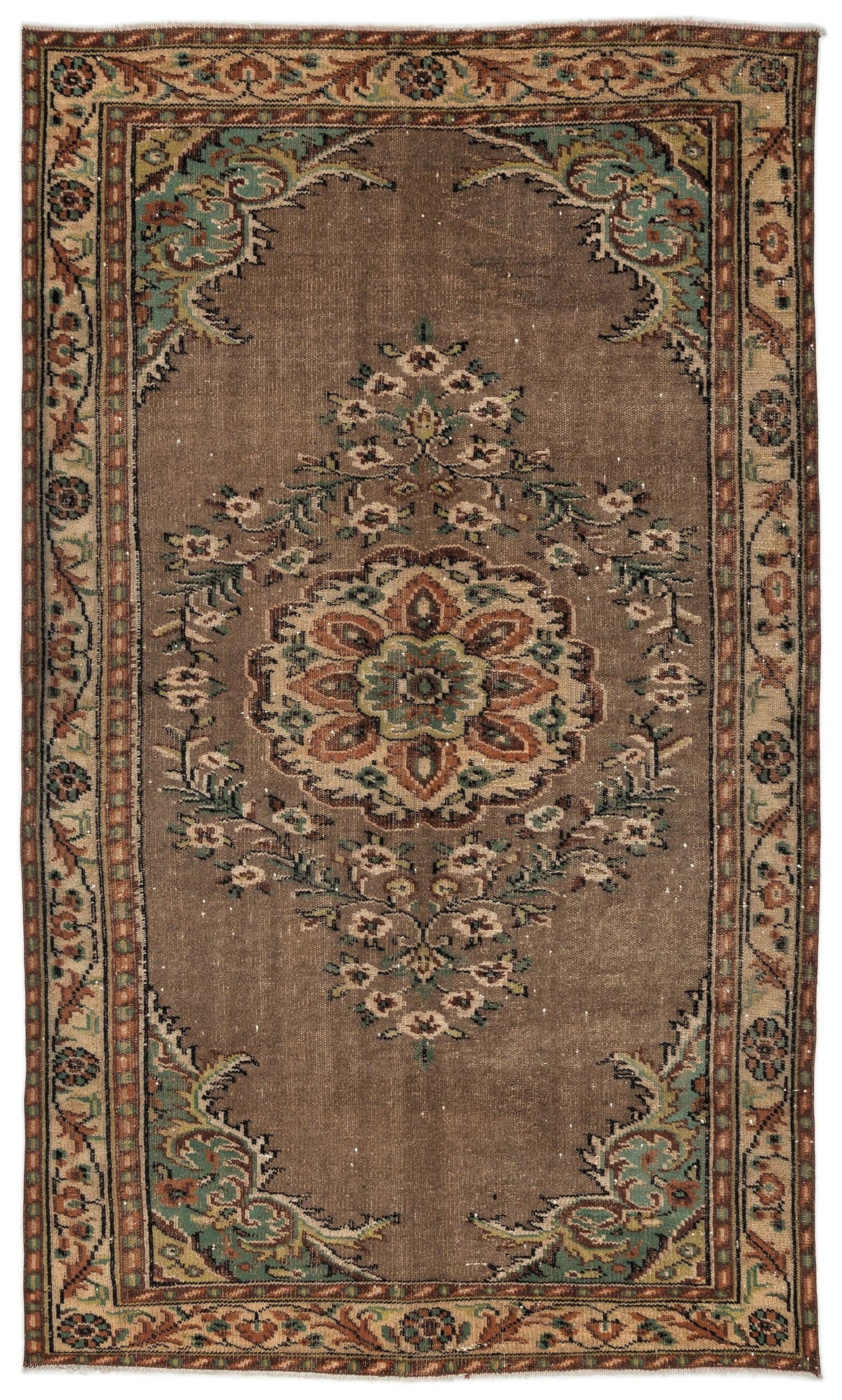 Brown traditional rug with a central floral medallion, teal and rust accents, and a decorative border.