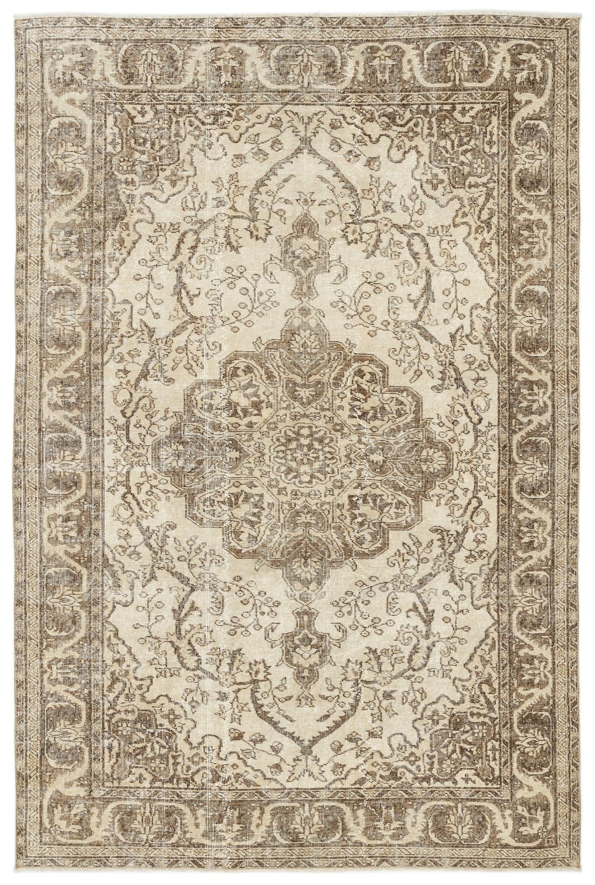 The Tribuva - Vintage Medallion Rug (6'3" x 9'6") showcases a beige and brown ornate design with a detailed central medallion, intricate floral patterns, and a decorative border inspired by vintage motifs.