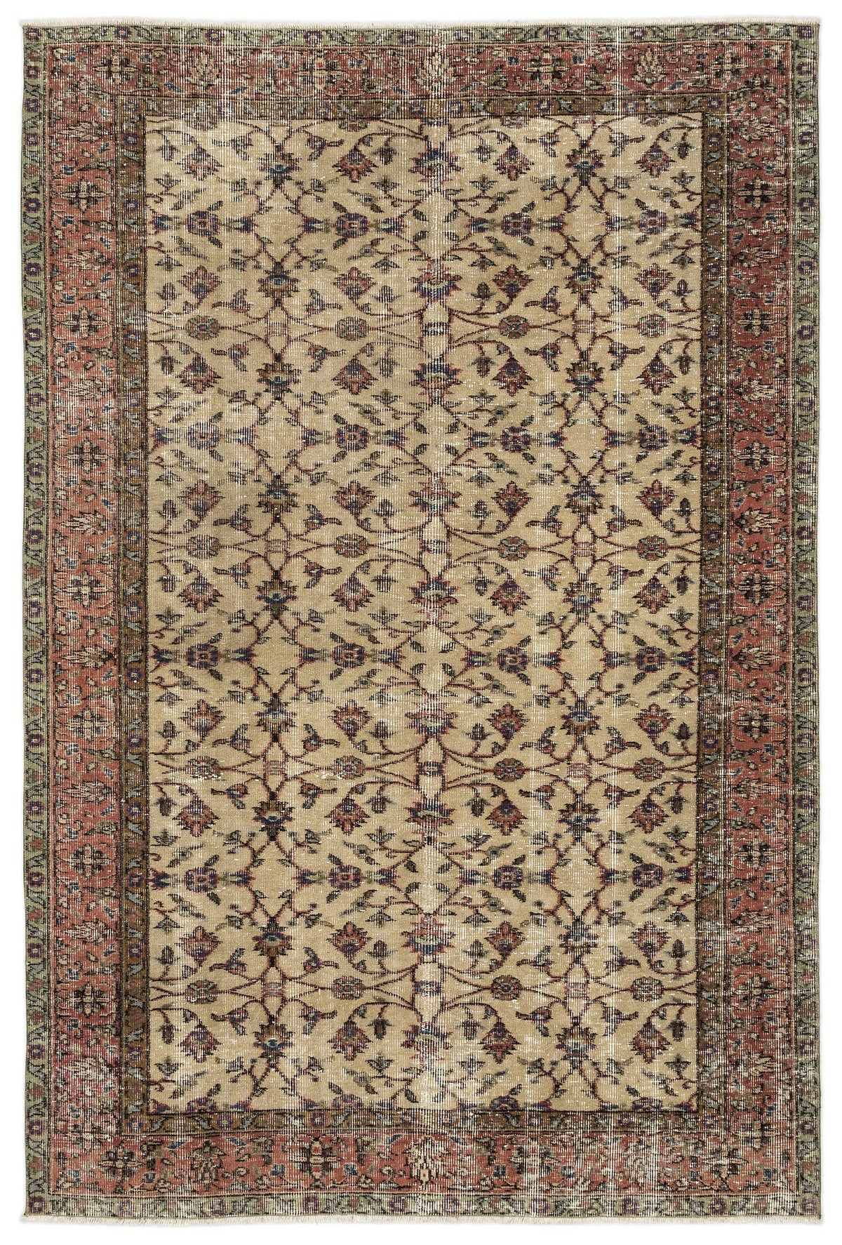 Beige traditional rug with a distressed floral vine pattern and a wide red and green border.