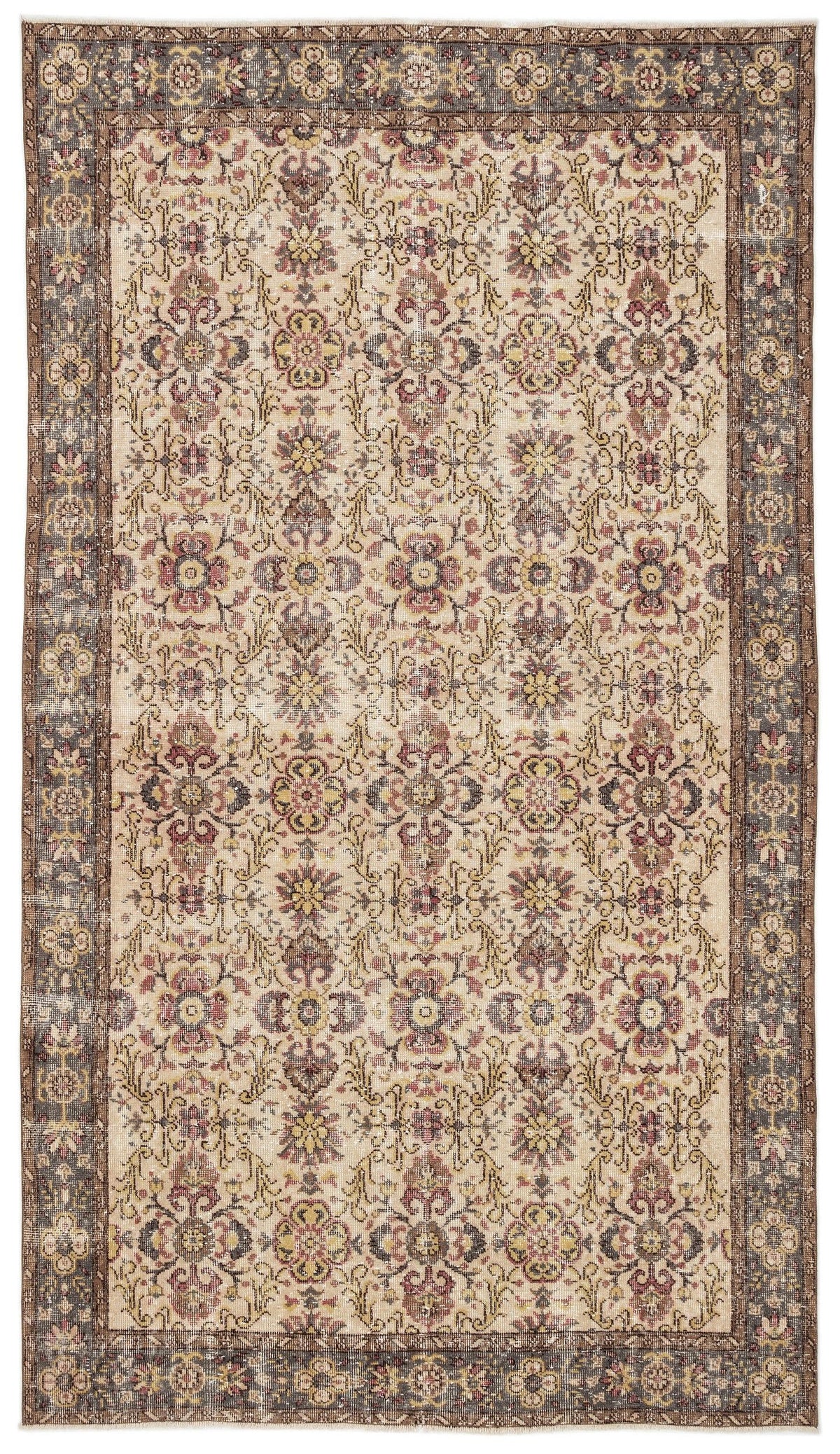 Beige traditional rug with a dark brown border and a repeating floral medallion pattern in muted red, yellow, and grey.