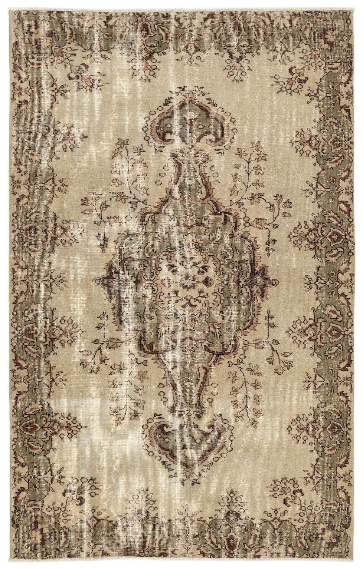 Clera - Vintage Medallion Rug (5'7 x 8'10) features a beige palette, ornate central medallion, floral motifs, and a decorative green border. This hand-woven rug boasts a beautifully faded look for antique charm.