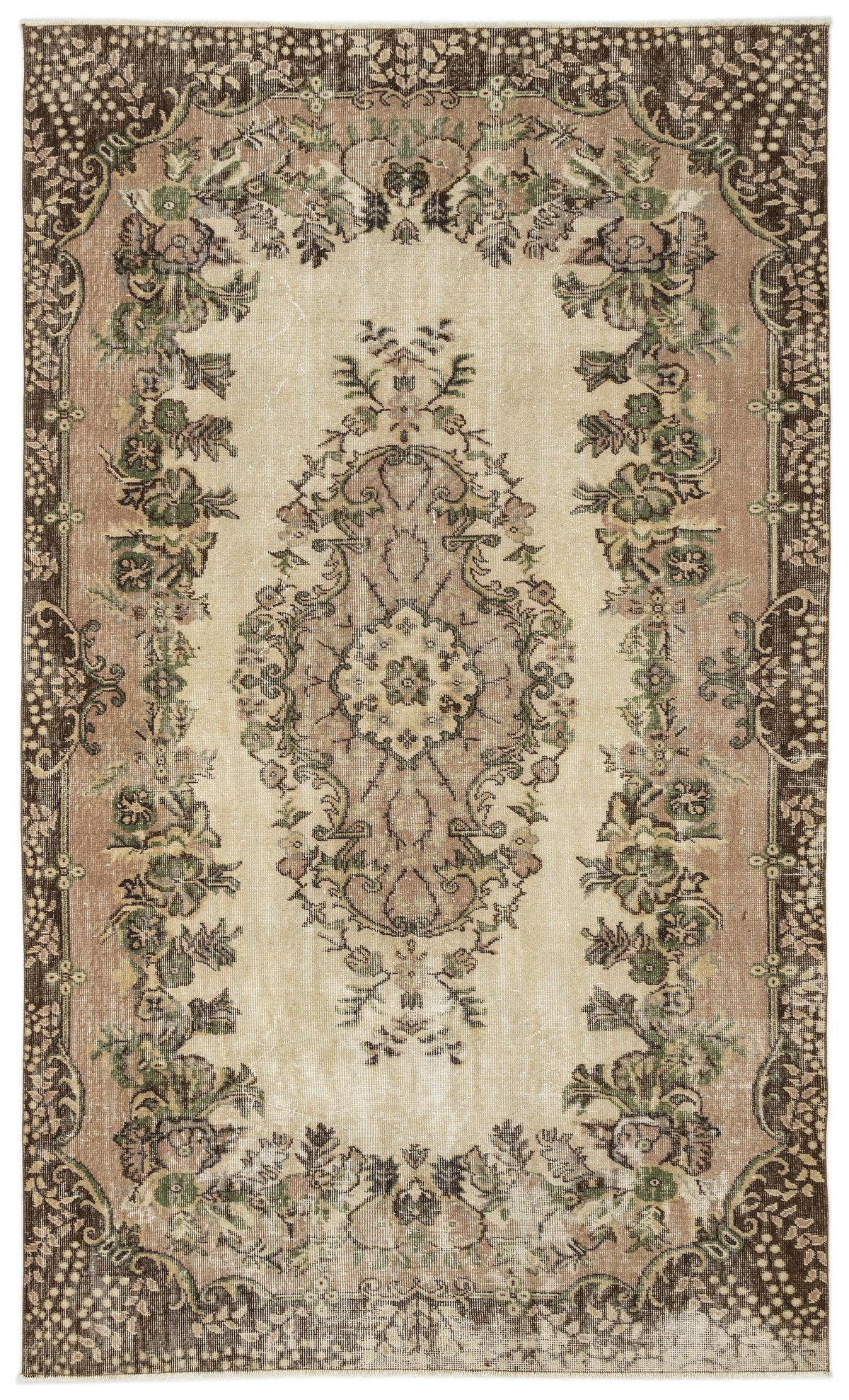 Beige, brown, and sage green traditional rug with a central floral medallion and ornate botanical border.