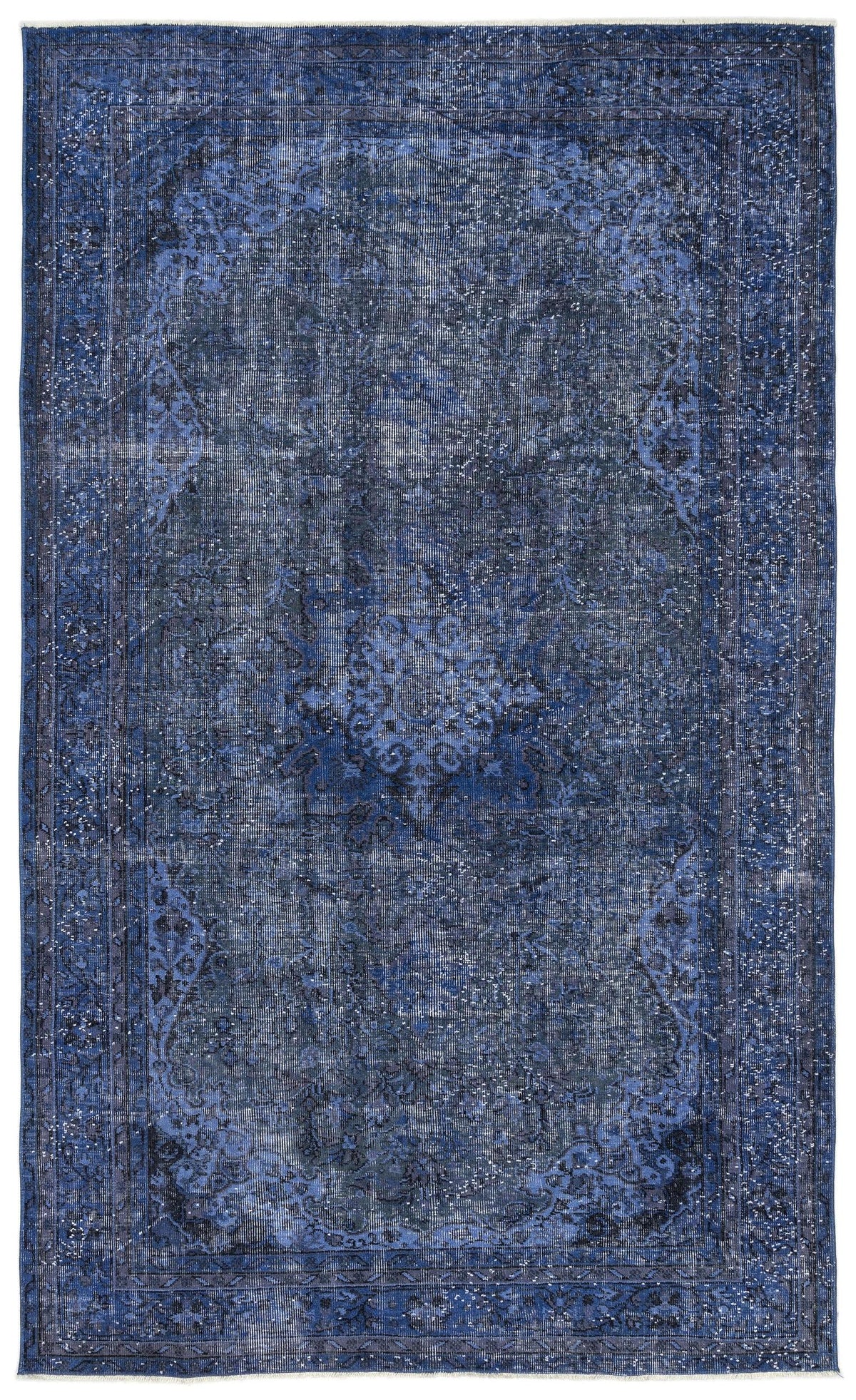 Navy blue distressed traditional rug with a central medallion and ornate border on a white background.