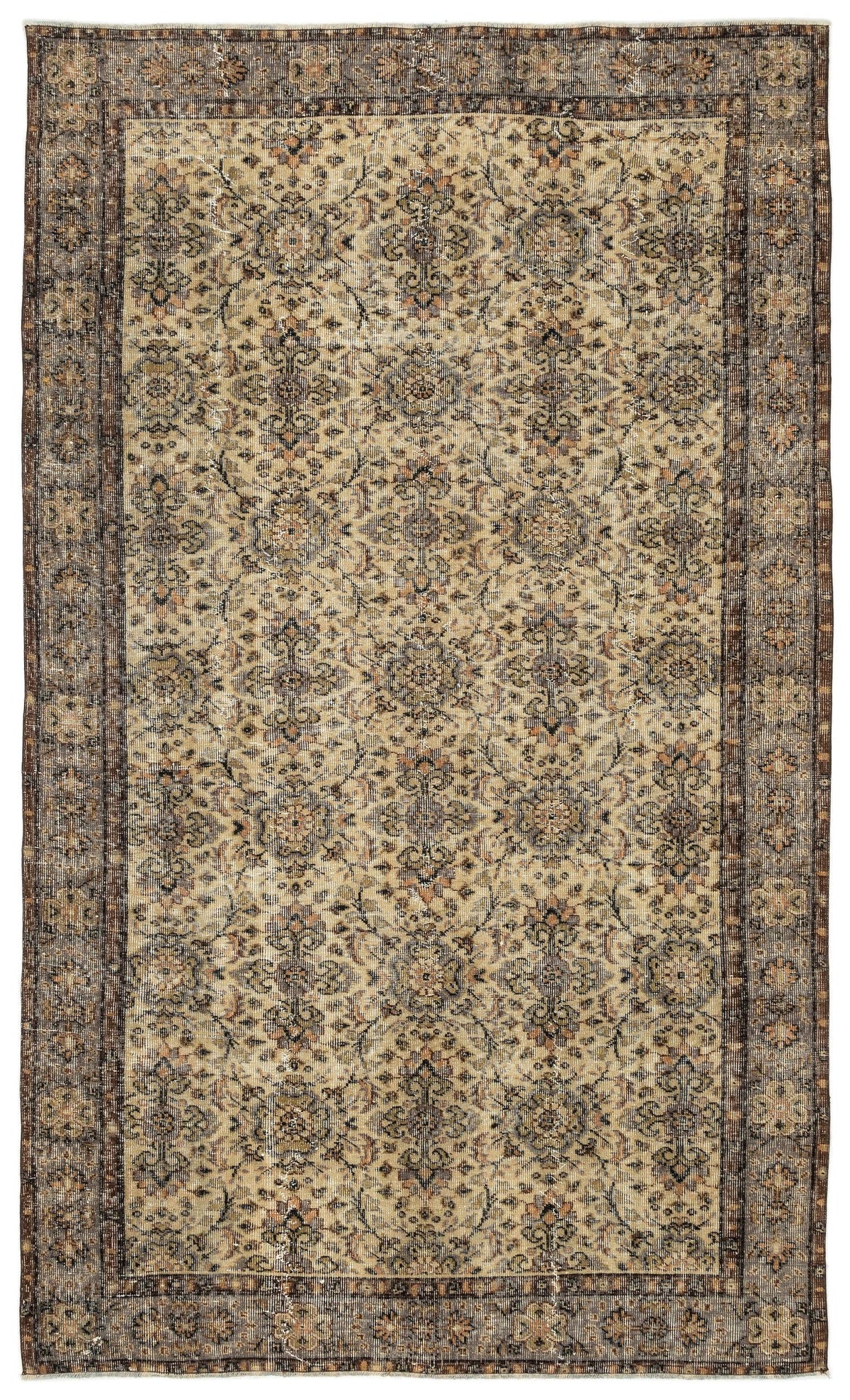 Distressed beige and brown traditional rug with a repeating floral medallion pattern and a dark bordered edge.