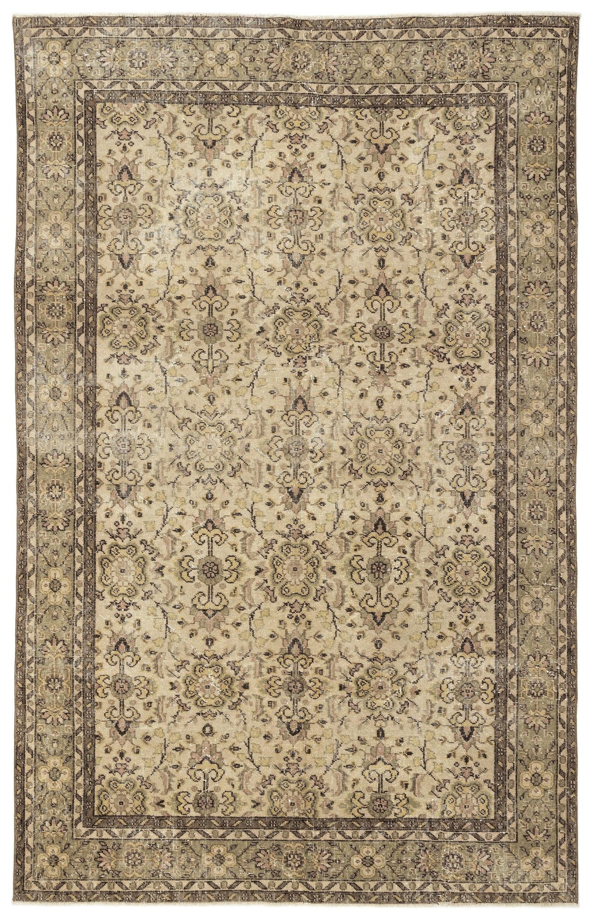 Beige and olive green traditional rug with a distressed floral medallion pattern and a decorative border.