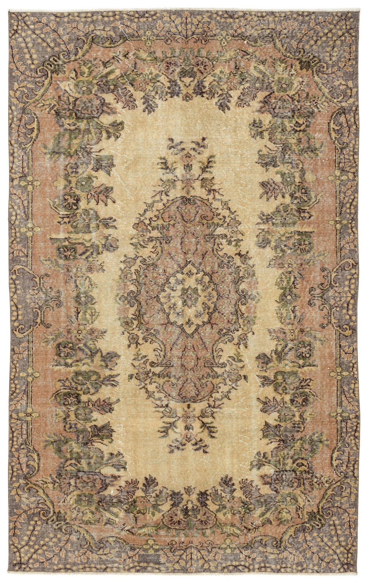 Distressed beige, terracotta, and sage green rug with a central floral medallion and ornate botanical border.