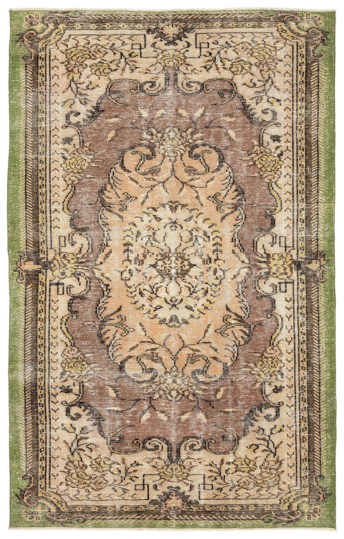 Distressed brown, beige, and green traditional rug with a central floral medallion and ornate geometric border.