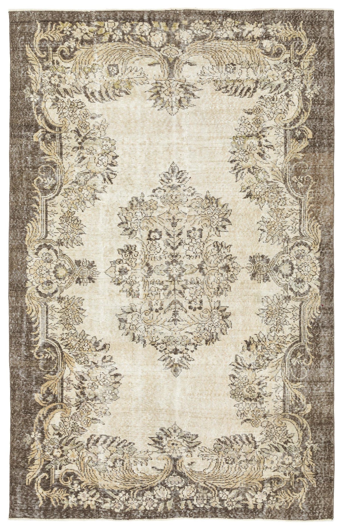 Distressed beige and brown rug with a central floral medallion and ornate botanical border.