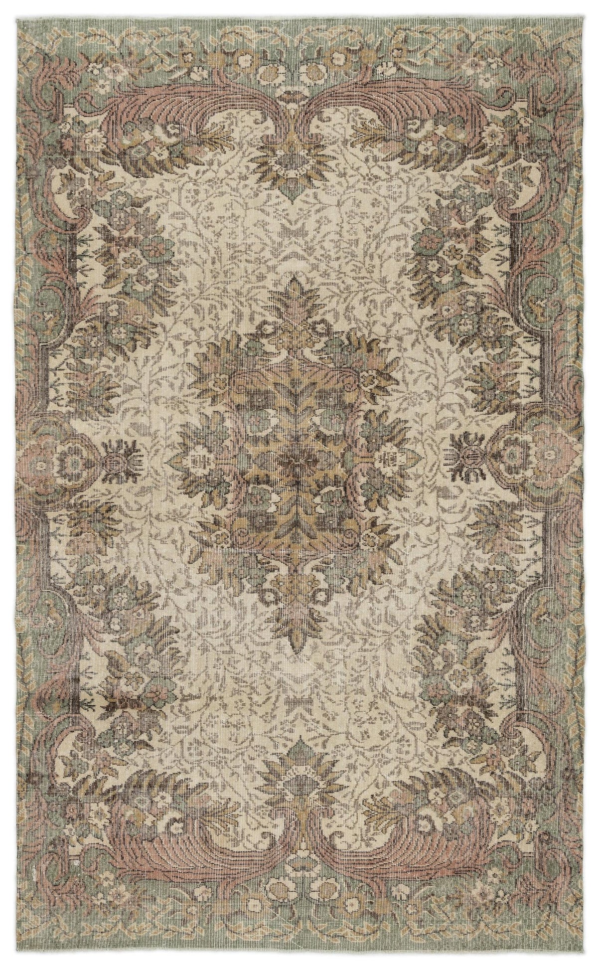 Beige, sage green, and dusty rose traditional rug with a central floral medallion and ornate border pattern.
