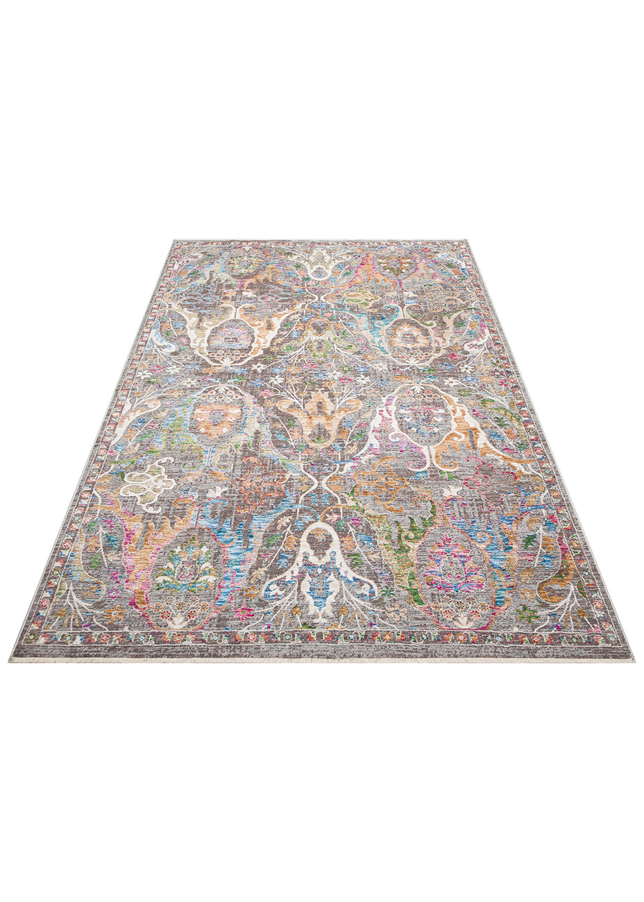 Grey area rug with a distressed traditional medallion pattern in vibrant pink, blue, orange, and green accents.
