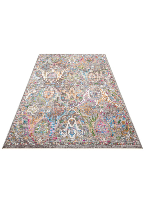 Load image 1 in gallery view. Grey area rug with a distressed traditional medallion pattern in vibrant pink, blue, orange, and green accents.