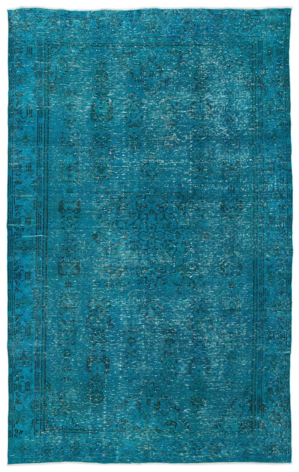 Teal distressed area rug with a faded traditional medallion pattern and a bordered edge on a white background.