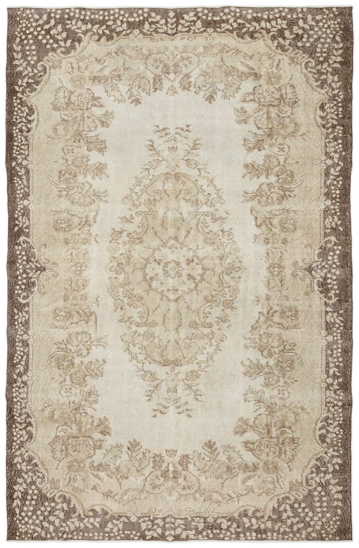 The Pririna - Vintage Medallion Rug (6'2" x 9'7") features a central floral medallion and intricate border in beige and brown, offering a worn, antique look for timeless charm.