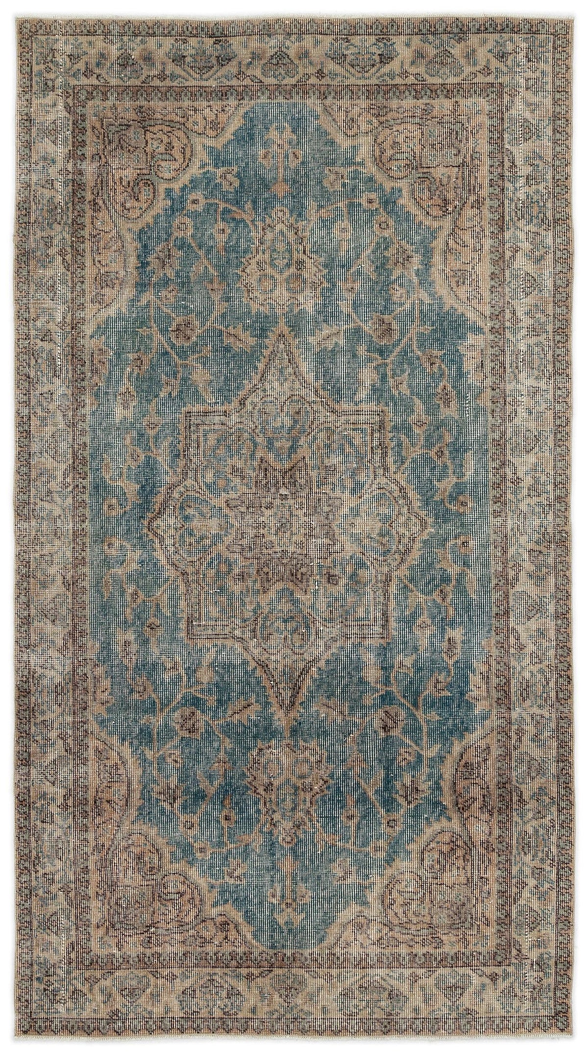 Blue and beige distressed traditional rug with a central floral medallion and ornate border pattern.