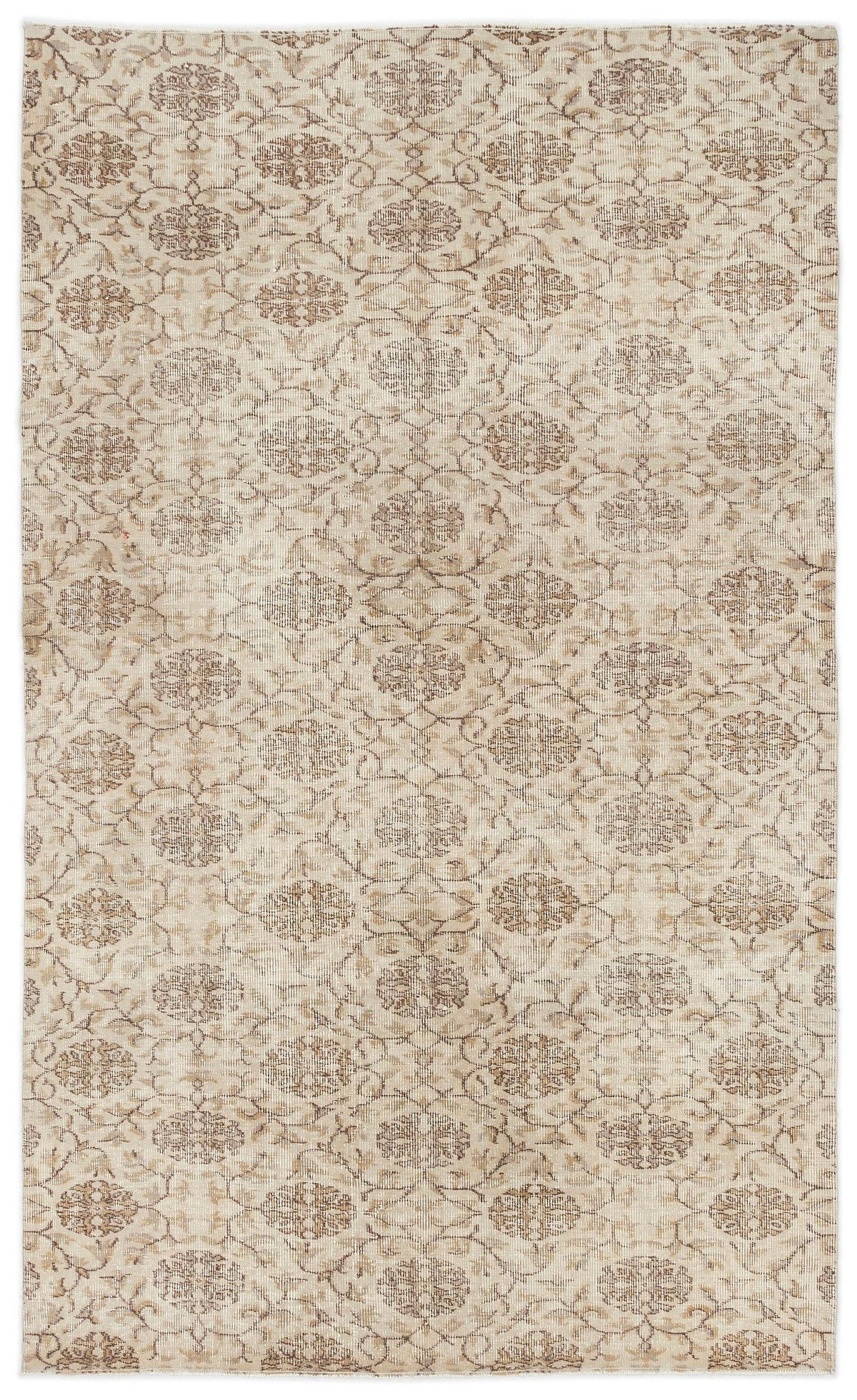 Beige and taupe vintage-style rug with a repeating floral medallion pattern on a white background.